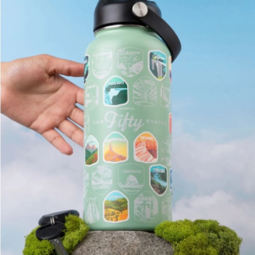 Wondery Sage/Mint Green Bucket List Water Bottle with 50 State Stickers